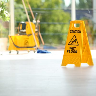 Safety sign with phrase Caution wet floor and blurred mop bucket on background. Cleaning service